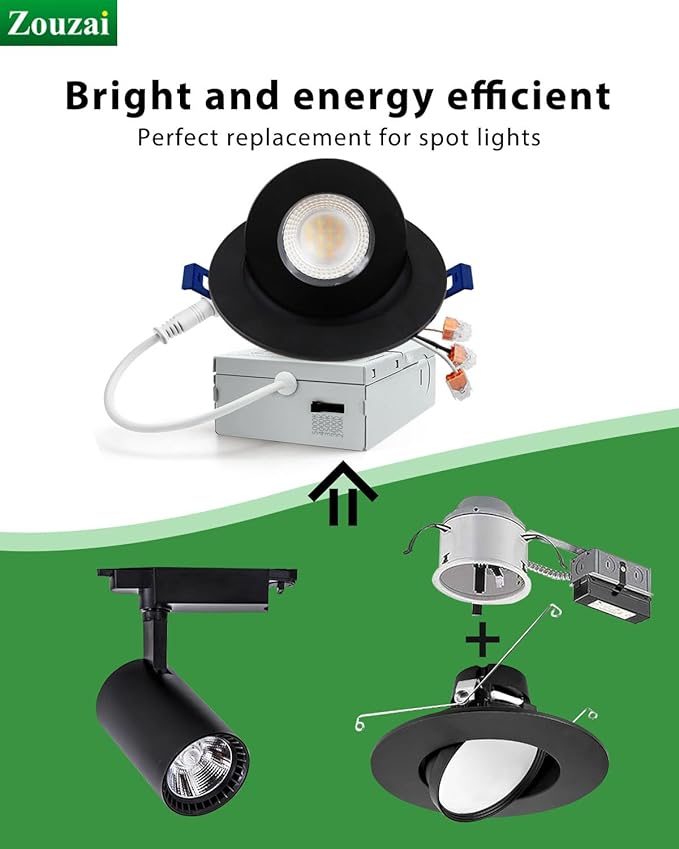 zouzai 12 Pack 4 inch Black 5CCT LED Gimbal Led Recessed Light with Junction Box,360ยฐ+ 90ยฐ Adjustable Directional Eyeball Lighting, Dimmable, 2700K/3000K/3500K/4000K/5000K,10W=85W-ETL&Energy Star