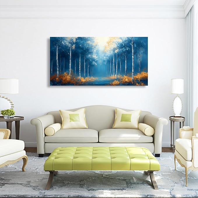 Blue Forest Pictures Canvas Wall Art for Living Room Bedroom Wall Decor,Forest Wall Art Print Paitnings for home Decor,Morden Abstract Fog Artwork Art Waterproof Stretched Ready to Hang-20x40inches