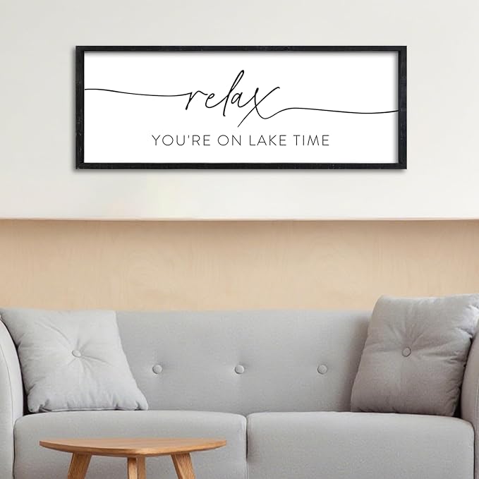 Surfapans Lake House Wall Decor Relax You're On Lake Time Sign 32"×12" for Bedroom Above Over Bed Lakeside Retreat Living Room Minimalist Large Wood Framed Horizontal Wall Hanging Art (Black)
