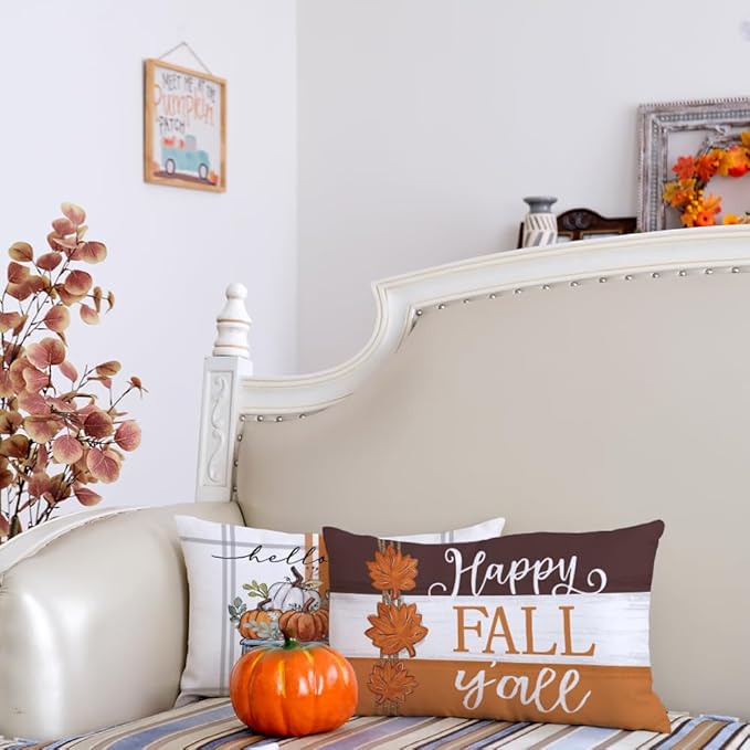 GEEORY Fall Pillow Covers 12 x 20 Inch Set of 4, Happy Fall Y'all Stripes Pumpkins Mason Jar Thankful Decor, Cushion Cases for Farmhouse Home Party Sofa Couch (Brown) G355-12