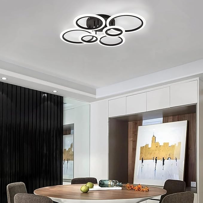 Modern LED Ceiling Light, Black 6 Rings Flush Mount Ceiling Light, 4000K Lighting Fixture Ceiling Lamp for Kitchen, Bedroom, Living Room, Laundry Room