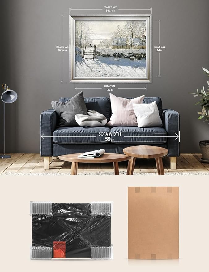 DECORARTS - Claude Monet The Magpie Giclee Print with Silver Solid Wood Frame, Impressionist Large Framed Wall Art, Ready to Hang, Framed Size 34.75x28.75, Made in USA