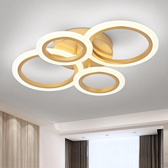 Modern LED Ceiling Light, Gold 4 Rings Flush Mount Ceiling Light, 4000K Lighting Fixture Ceiling Lamp for Kitchen, Bedroom, Living Room, Laundry Room