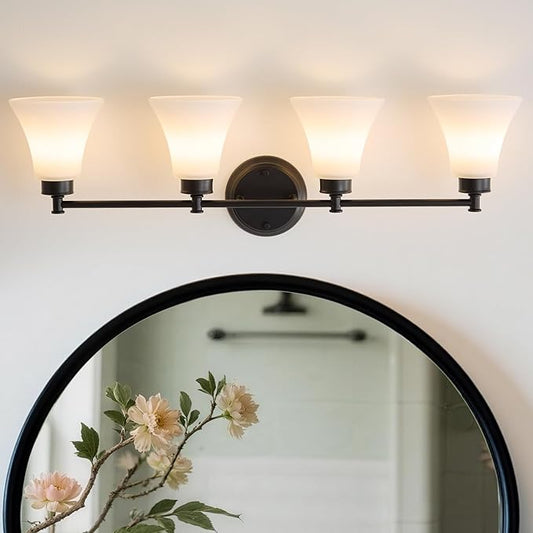 LOUSACE 4 Light Bathroom Vanity Light Matte Black Bathroom Lighting Fixtures Over Mirror with Opal White Frosted Glass Shade, Vintage Traditional Wall Lighting Fixture Vanity Lights for Bedroom