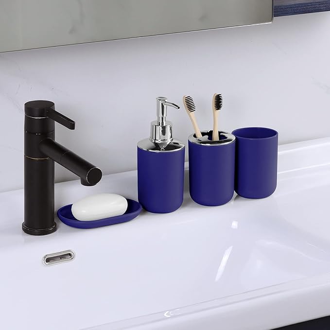 IMAVO Bathroom Accessories Set,Blue Bathroom Set,9 Pieces Bathroom Accessory Set,Tray,Qtip Holders,Toilet Brush,Trash Can for Bathroom Décor and Home Gifts