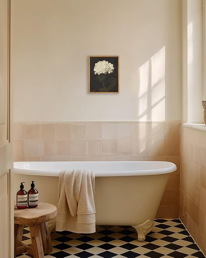 KBKBART Framed Wall Art Vintage Wall Art Room Decor, White Hydrangea Still Life Flower Canvas Oil Painting Prints, Classical Floral Wall Decor, Bedroom Bathroom Pictures Artwork(8“x10