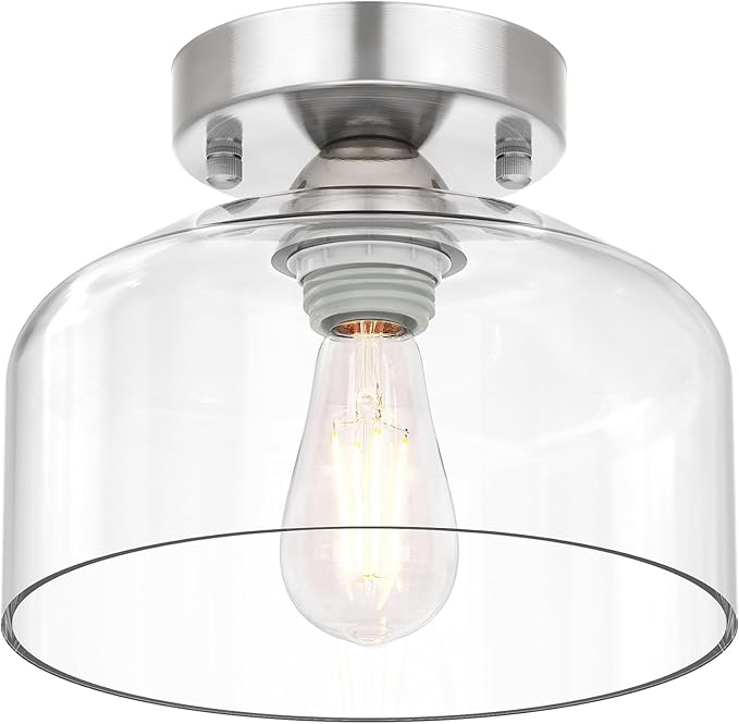 Semi Flush Mount Ceiling Light Silver, Clear Glass Pendant Lamp Shade, Modern Farmhouse Light Fixture for Hallway Corridor Kitchen Entryway Bedroom, Bulb Not Included