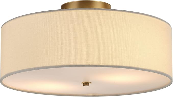 GLOBE Electric 60998 2-Light Flush Mount Ceiling Light, Matte Brass, White Linen Shade, E26 Base, Minimalist Lighting for Kitchen Island, Bathroom, Bedroom, or Dining Room, Home Decor