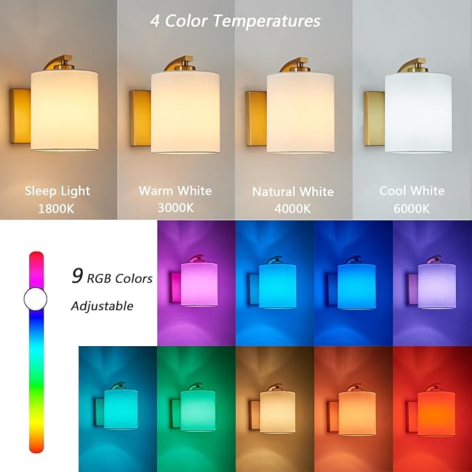 Battery Operated Wall Sconce Set of 2, Brushed Gold Cordless Rechargeable Wall Sconces with Dimmable LED Bulb, 13 Colors Wall Lights for Bedroom Living Room Hallway