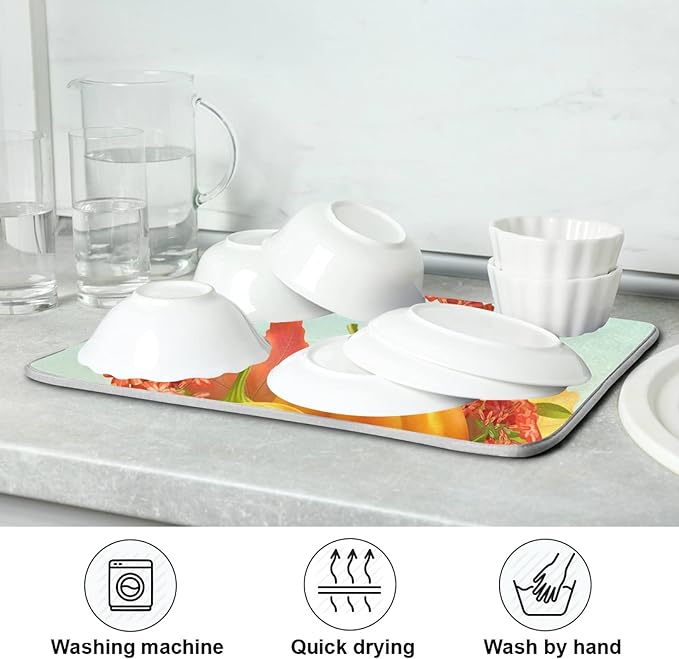 Autumn Thanksgiving Day Pumpkins Maple Dish Drying Mat for Kitchen Counter 18 x 24 Inch Flowers Dragonfly Leaves Dry Dishes Pads Mats Absorbent Countertops Counter Tableware Mat Protector Home Decor