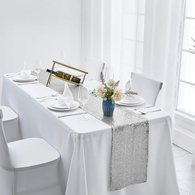 10 Packs 12 x 108 inches Silver Sequin Table Runner, Glitter Silver Table Runner for Wedding Birthday Bachelorette Holiday Party Supplies Decorations Bridal Shower Baby Shower