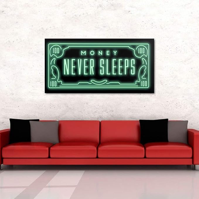 Office Artwork Wall Decor with Inspiring Quote - Money Never Sleeps Motivational Wall Art Modern Home Decor Green Kitchen Pictures 1 Panels Large Artwork for Wall Framed Ready to Hang - 48" x 24"