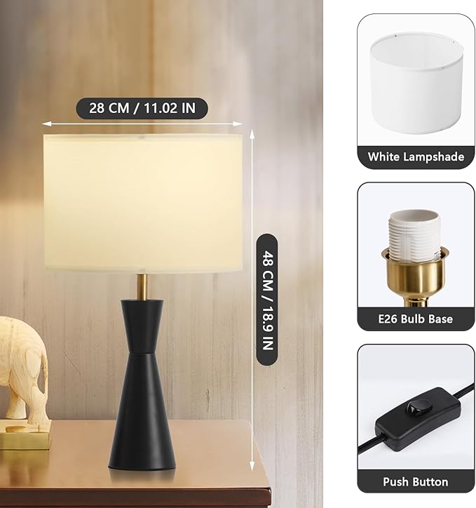 Bedside Lamps Set of 2, 3-Color Dimmable Black Metal Table Lamp for Living Room/Bedroom/Entryway and Other Rooms, Led Bulb Included