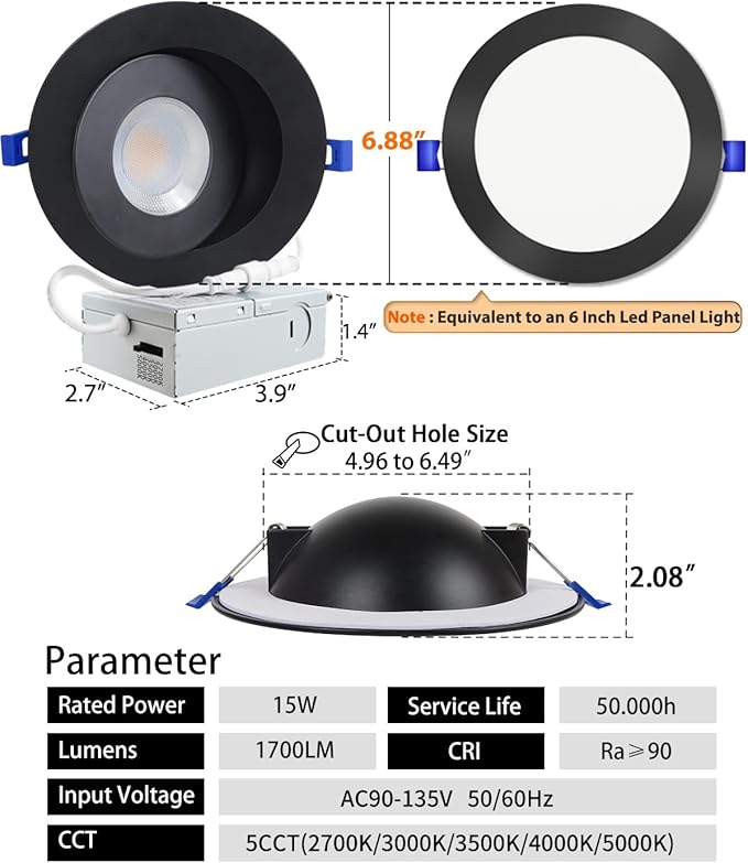 Adetu Recessed Lighting 6 inch, 360°+90° Adjustable Directional 6 inch 5CCT Gimbal Black Led Recessed Lighting, 2700K-5000K Dimmable Retrofit Eyeball Can Recessed Lights with Jbox, ET(Black-12 Pack)