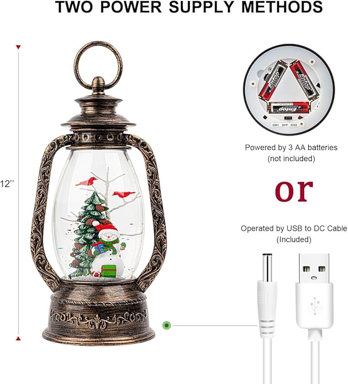 12'' Christmas Musical Snow Globe Lantern Spinning Water Glittering Snowman with Holiday Tree Scene, Battery & USB Powered Light for Home Decoration