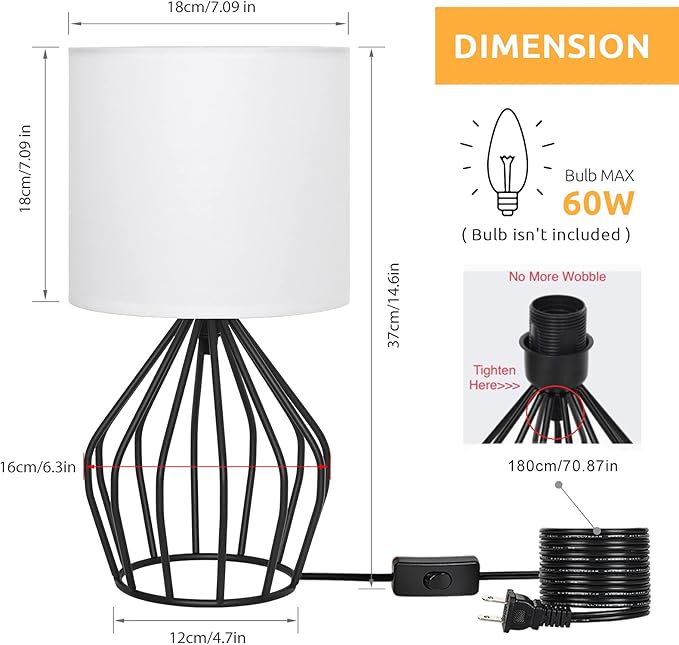 HAITRAL Modern Bedside Table Lamp - Minimalist Small Lamp with Hollowed Out Base Linen Fabric Shade,Metal Nightstand Lamp for Bedroom Living Room Side Table Desk Kids Room- Black/White