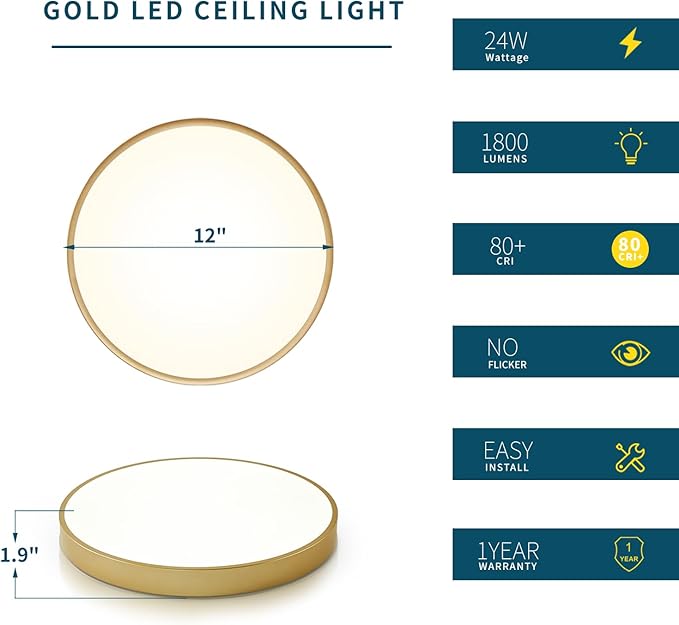 Gold Flush Mount Ceiling Light Fixture LED,24W Bedroom Light Fixture Ceiling Mount Dimmable Set of 2,12 inch Close to Ceiling Light Fixture 5CCT for Kitchen, Bathroom, Living Room