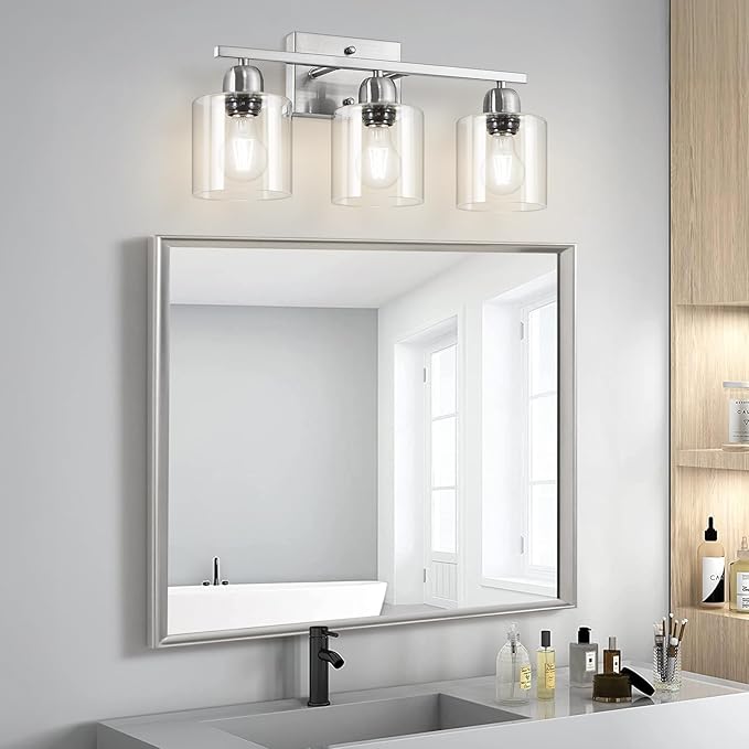 Brushed Nickel Bathroom Light Fixture, 3 Light Vanity Lights for Bathroom, Bath Lights with Clear Glass, E26 Socket