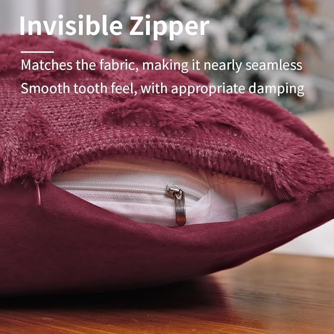 GEEORY Christmas Tree Throw Pillow Covers 18x18 Inch Set of 2, Xmas Winter Soft Plush Faux Fur Wool Decorative Farmhouse Holiday Cushion Case for Home Decoration (Wine Red) GC009-18