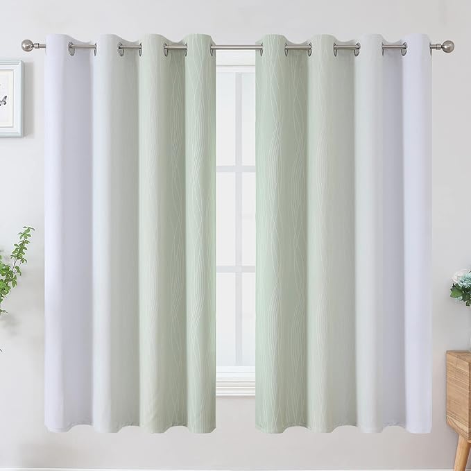 Estelar Textiler Sage Green and Greyish White Blackout Curtains 63 Inch Length 2 Panels Set, Room Darkening Grommet Ombre Curtains for Bedroom, Thermal Insulated Light Blocking Gradient Drapes,52Wx63L