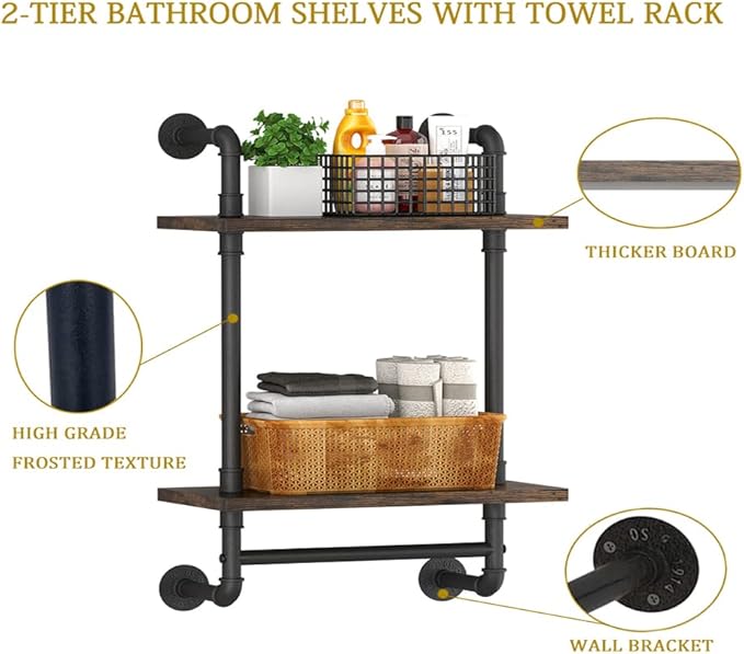 Helsin Industrial Pipe Floating Bathroom Shelves Wall Mounted with Towel bar, 2 Tier Rustic Wood Wall Shelf, 16inch Metal Towel Rack Storage Bookshelf for Bathroom, Kitchen, Farmhouse, Living Room
