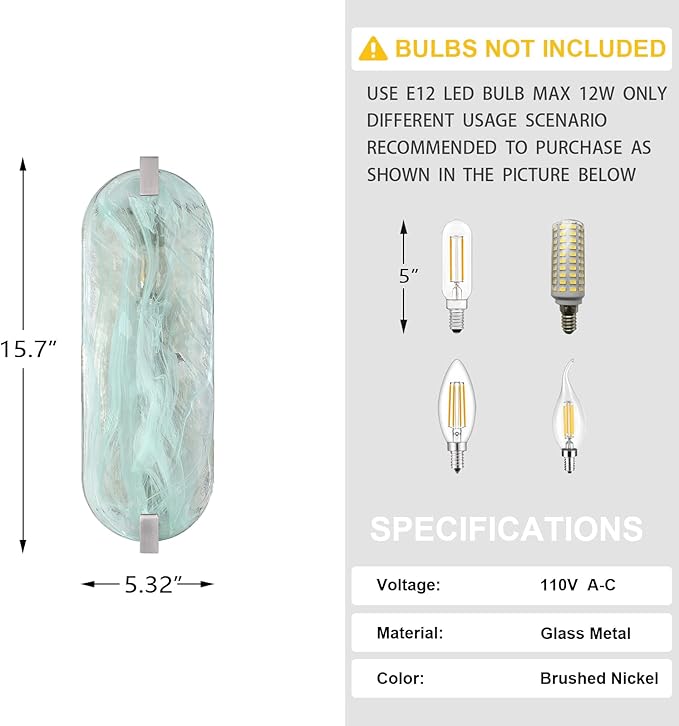 2 Light Oval Green Glass Bathroom Wall Sconce Modern Concise Style Wall Light Fixture,Brushed Nickel Finish for Bedroom Hallway Bedside