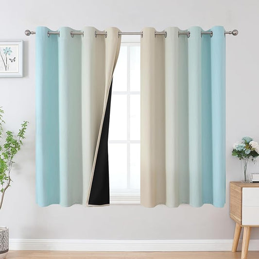 Estelar Textiler Aqua and Beige Blackout Curtains 45 Inch Length, Light Blocking Gradient Drapes for Kitchen, Thermal Insulated Grommet Ombre Curtains for Bathroom,52Wx45L,2 Panels