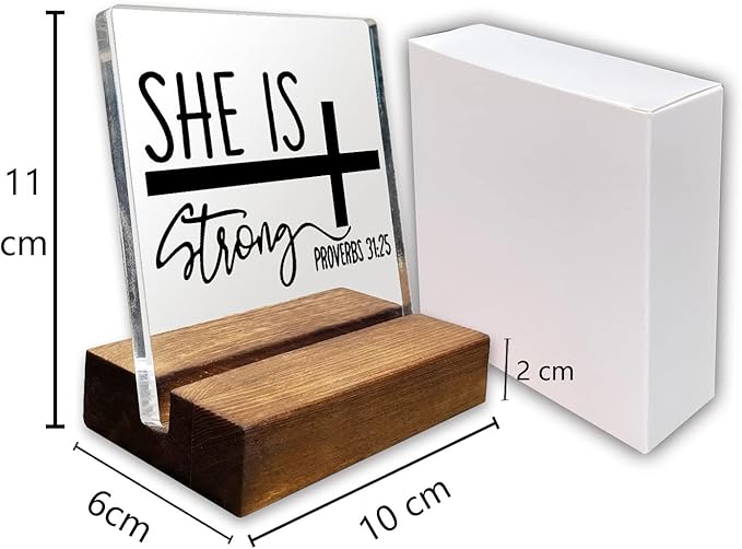 She is Strong Inspirational Quotes Desk Decor Gifts For Women Best Friend Encouragement Office Inspiration Positive Plaque Acrylic With Wooden Stand For Cowoker Motivational Sign For Birthday