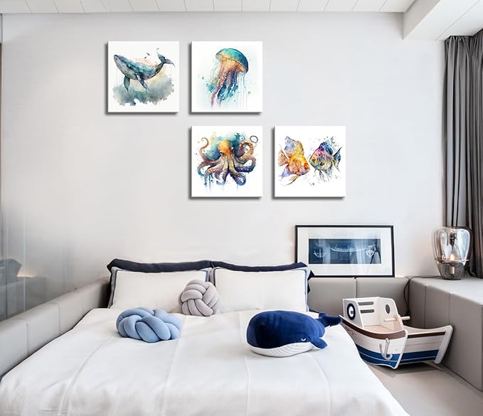 Colorful Marine Life Canvas Wall Art for Bathroom Decor, Green Jellyfish Picture Print, Watercolor Fish Artwork Sea Life Blue Orange Octopus Painting Poster for Bedroom Living Room Decoration 16"x16"