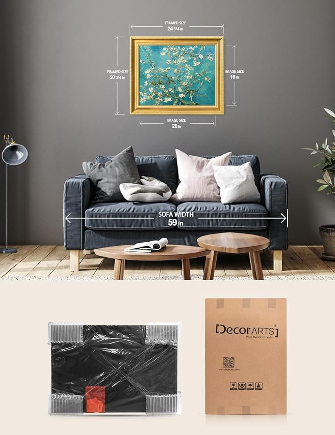 DECORARTS - Almond Blossom Tree by Vincent Van Gogh. Giclee Print on Acid-Free Canvas in Gold Solid Wood Frame. Picture Size: 20x16, Total Size: 24.75x20.75, Made in USA