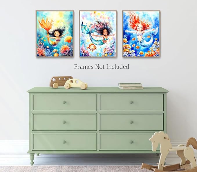 LNLAGBO Mermaid Wall Art Bathroom Decor,Mermaid Wall Art Print Girl Room Decor,Ocean Animals Bathroom Wall Decor for Kids Bedroom Nursery Set of 4(8"x10"Unframed)