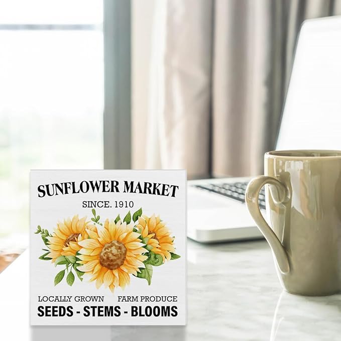 Summer Sunflower Sign Decor Sunflower Market Wood Block Sign Farmhouse Home Desk Table Shelf Decoration