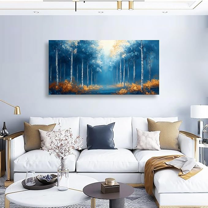 Blue Forest Pictures Canvas Wall Art for Living Room Bedroom Wall Decor,Forest Wall Art Print Paitnings for home Decor,Morden Abstract Fog Artwork Art Waterproof Stretched Ready to Hang-20x40inches
