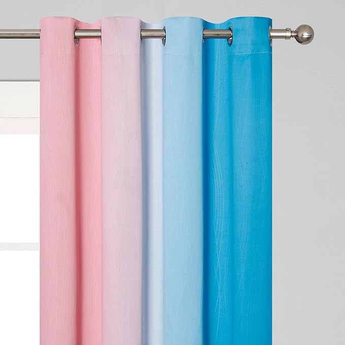 Ombre Pink and Blue Blackout Curtains 54 Inches Long, Full Light Blocking Curtains for Bedroom, Wavy Line Pattern Grommet Thermal Insulated Gradient Drapes for Living Room,52x54 Inch, 2 Panels