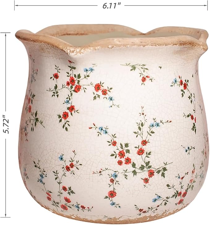 Ceramic Pots for Plants, Vintage Plant Pot with Drainage Hole, 6.11in. Planter for Indoor Plants, Crackle Glaze Finish Flower Pot, Perfect Tuscan Ceramic Planter for Gardening, Small Red Blooms