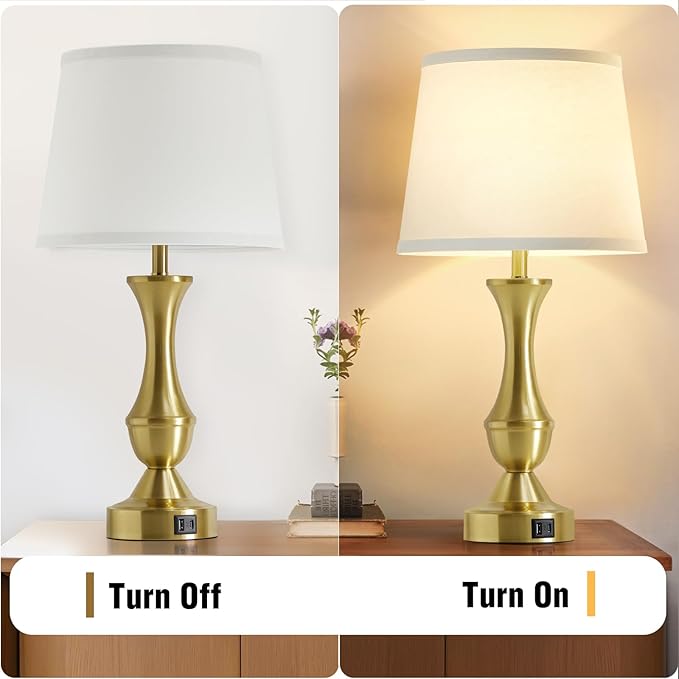Luvkczc 22" Gold Table Lamps Set of 2 - Modern Luxury Bedside Lamps with White Fabric Shade, 3-Way Dimmable & Dual USB C+A Ports, Nightstand Lamps for Bedroom/Living Room (Bulb Included)