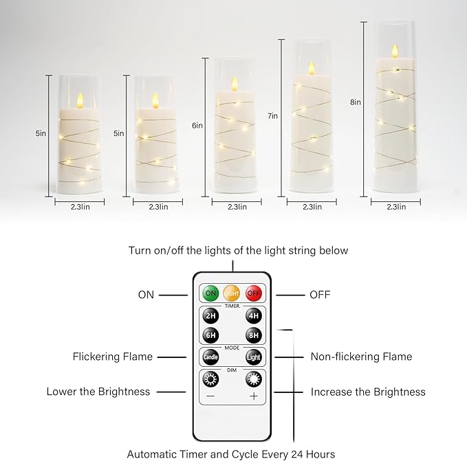 Flameless LED Candles with Timer 5 Pc Flickering Flameless Candles for Romantic Ambiance and Home Decoration Stable Acrylic Shell,with Embedded Star String,Battery Operated Candles(White)