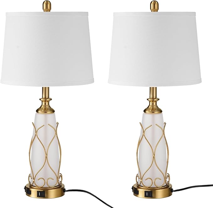 25.6" Glass Gold Table Lamps Set of 2, Tall Bedside Lamps with Nightlight, Modern Nightstand Lamp with USB Ports, Desk Lamp for Bedroom, Living Room, Office, LED Bulbs Included W02TL05