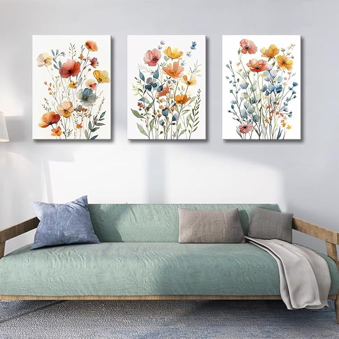 Watercolor Flowers Bathroom Canvas Wall Art, Colorful Wildflower Wall Decor Poster Prints Botanical Artwork for Living Room Bedroom Bathroom Farmhouse Decor 16x24x3pcs
