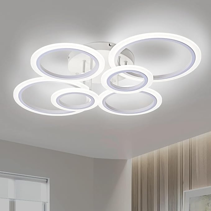 Modern LED Ceiling Light, White 6 Rings Flush Mount Ceiling Light, 4000K Lighting Fixture Ceiling Lamp for Kitchen, Bedroom, Living Room, Laundry Room