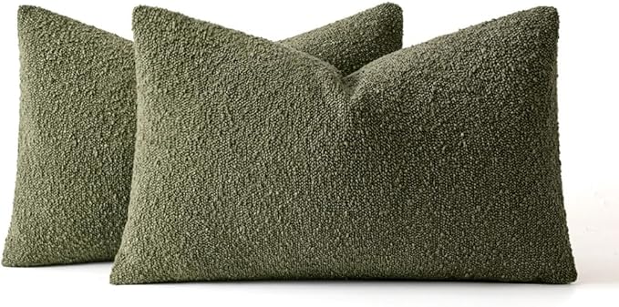 MIULEE 12x20 Inch Decorative Lumbar Throw Pillows for Bed Set of 2 Textured Boucle Neutral Throw Pillow Covers Olive Green Accent Solid Pillowcase Cozy Soft Sofa Livingroom Home Decor