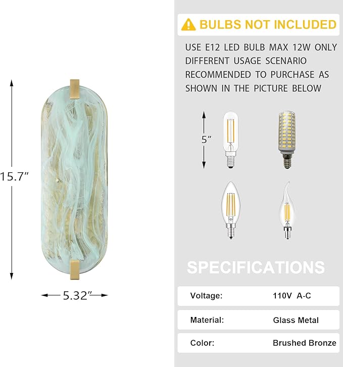 2 Light Oval Green Glass Bathroom Wall Sconce Modern Concise Style Wall Light Fixture,Brushed Bronze Finish for Bedroom Hallway Bedside