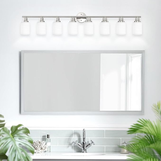 8-Light Vanity Lights, Brushed Nickel Bathroom Light Fixture with Striped Textured Milky White Glass Shade, E26 Modern Vanity Lighting Fixture for Bathroom Wall Sconce Light Over Mirror