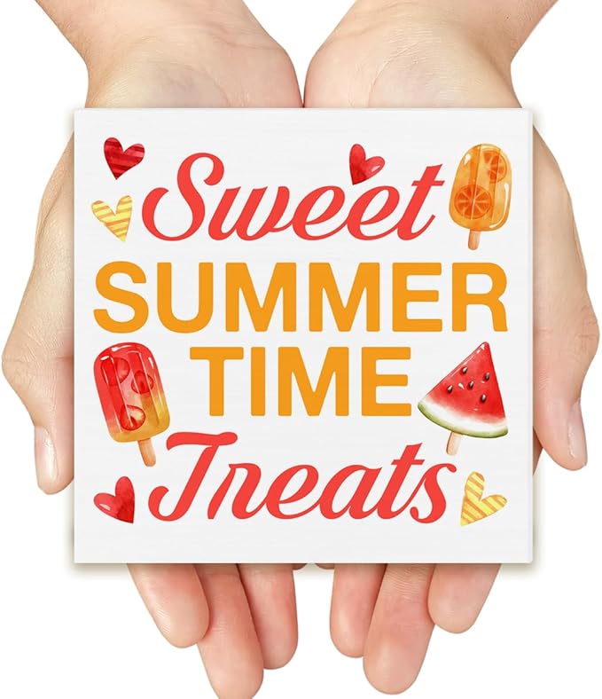 Ice Cream Decor Summer Wood Block Sign Summer Popsicles Decorations for Home Kitchen 5 x 5 Inches