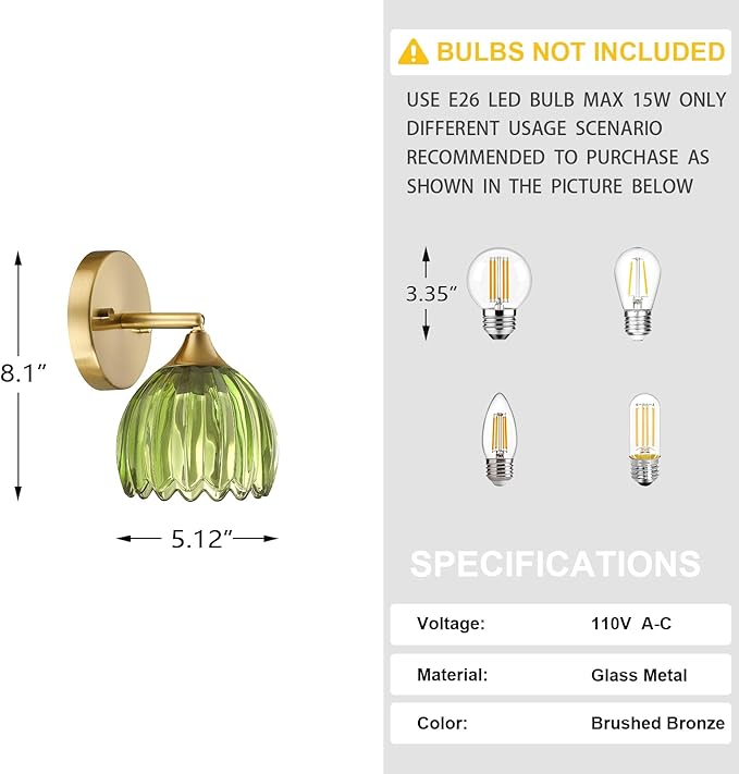 2 Pack 1 Light Vintage Wall Sconces Tulip Dark Green Glass Lampshade Hradwired Modern Gold Wall Lighting Fixture for Bedside Bedroom Doorway