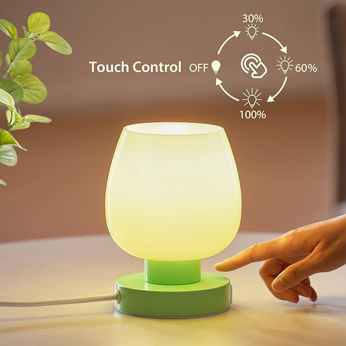 Touch Bedside Table Lamp with USB Charging - Modern Green Small Lamp for Bedroom Living Room Nightstand, Desk lamp with Glass Lamp Shade, Warm LED Bulb Included, 3 Way Dimmable, Simple Design