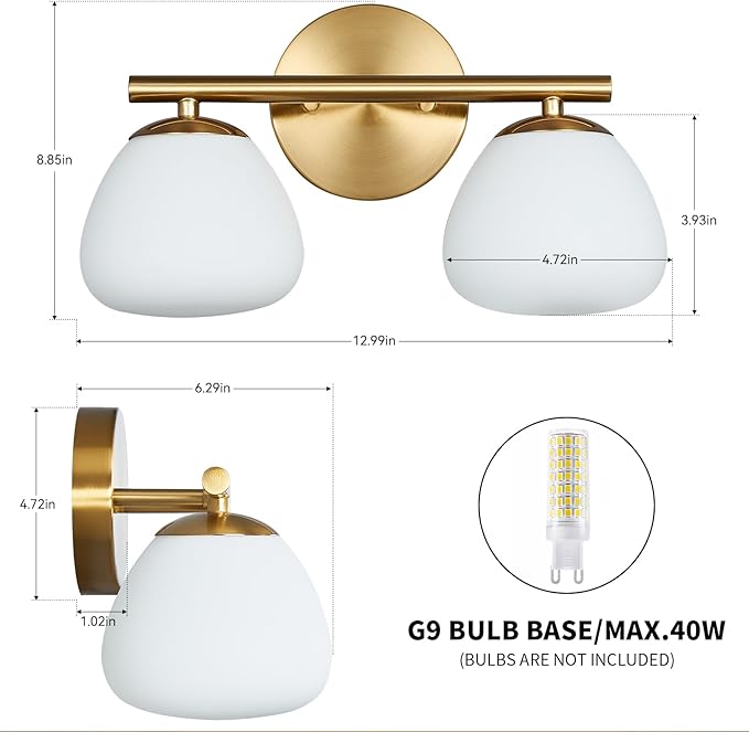 Modern 2 Light Bathroom Vanity Light Gold Vanity Light Bathroom Light Fixtures Over Mirror with Milk Glass Shade Bathroom Vanity Lighting Fixtures