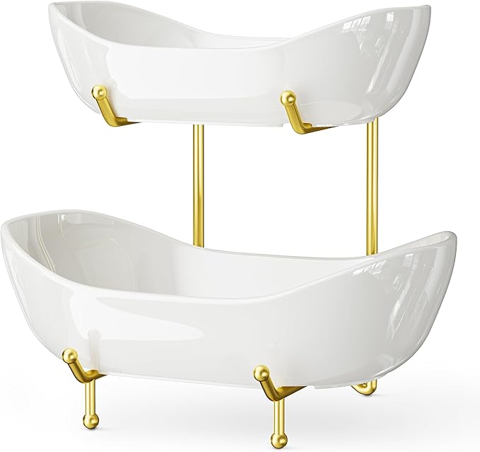 2 Tier Ceramic Fruit Bowl with Metal Stand – Tiered Fruit Stand for Kitchen Countertop, Serving Tray for Snacks, Nuts, Cakes, Desserts, Bread, Candy Storage, Gold