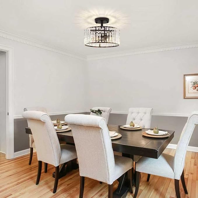 TOULMJ Crystal Ceiling Light, 3-Light Semi Flush Mount Ceiling Lighting Fixture, Black Round Hallway Light Fixtures for Kitchen Entryway Bedroom Laundry Room