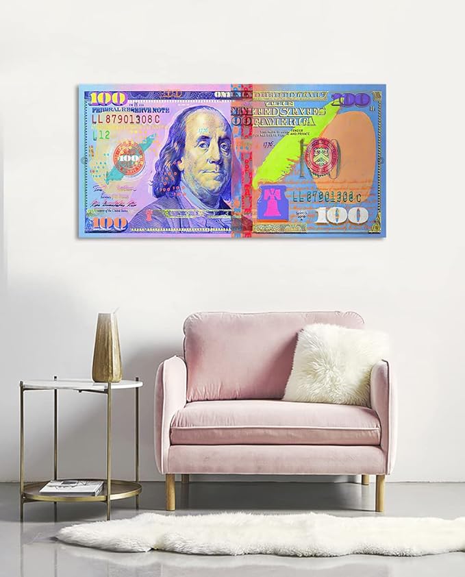 Office Artwork Wall Decor 100 Dollar Money Wall Art Giclee Canvas Paintings Prints Men Canvas Artwork Abstract Creative 100 Bill Art Print for Living Room Bedroom Decor Framed Easy to Hang- 32"Wx16"H
